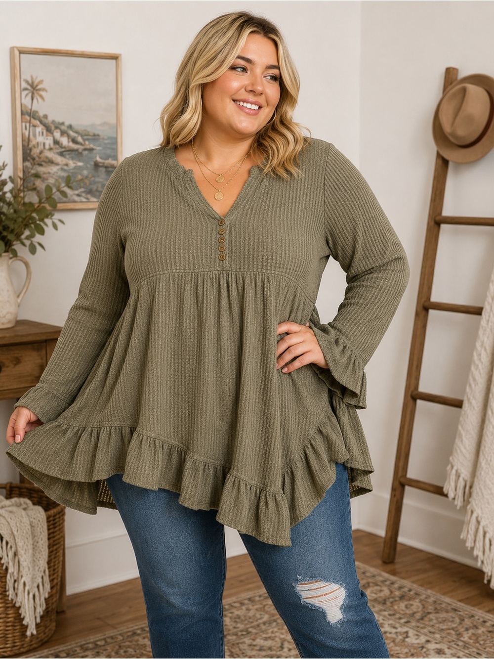Plus Olive Green Ruffle Hem Henley Top - 740-741